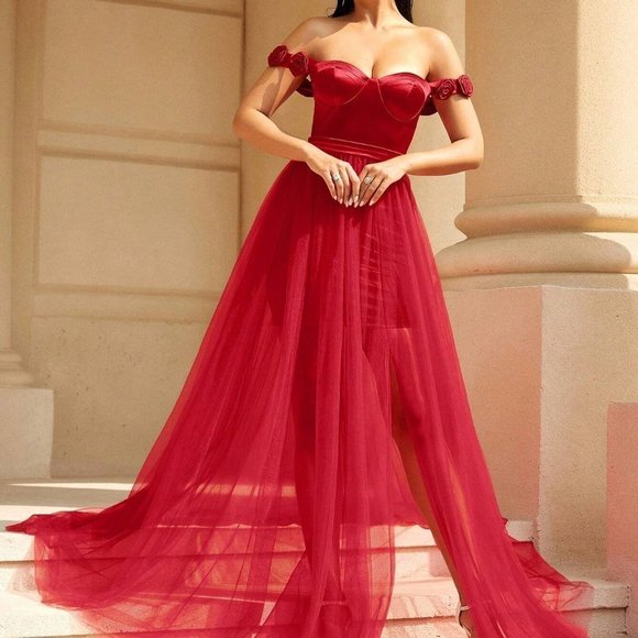 Red Preppy Womens Off Shoulder Split Thigh Mesh Overlay Formal Dress - Picture 5 of 5